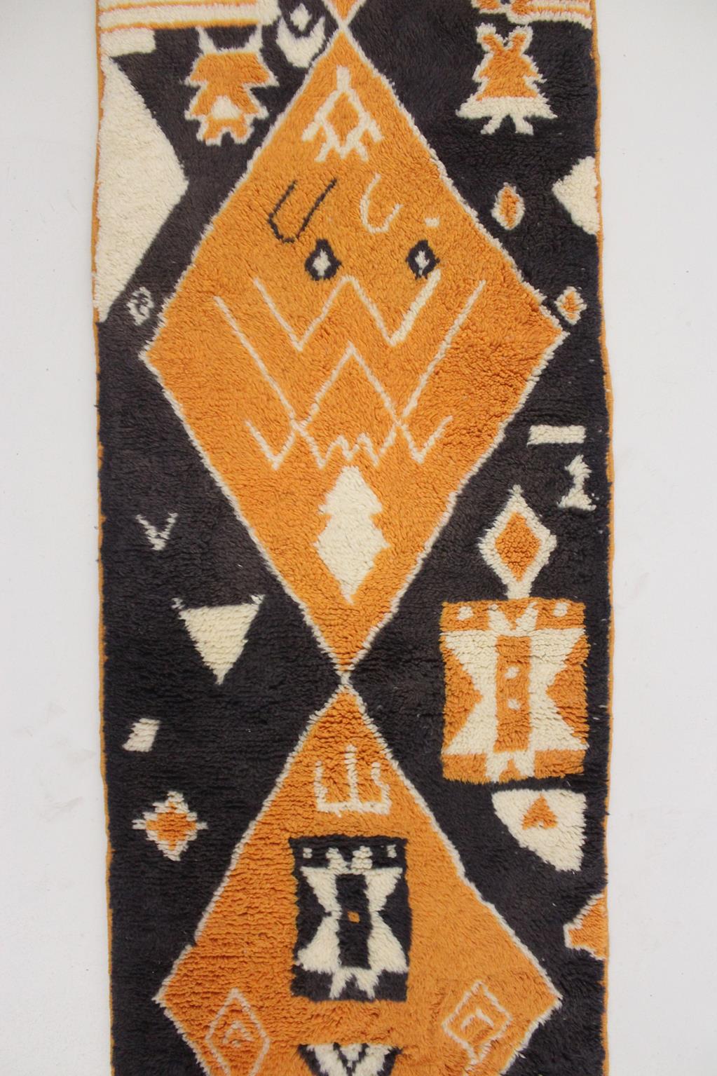 Contemporary moroccan runner rug - black, orange - Mrirt - 2.4x9.9feet / 74x303cm