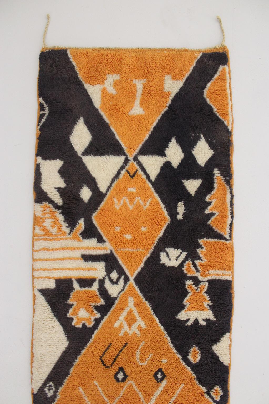 Contemporary moroccan runner rug - black, orange - Mrirt - 2.4x9.9feet / 74x303cm