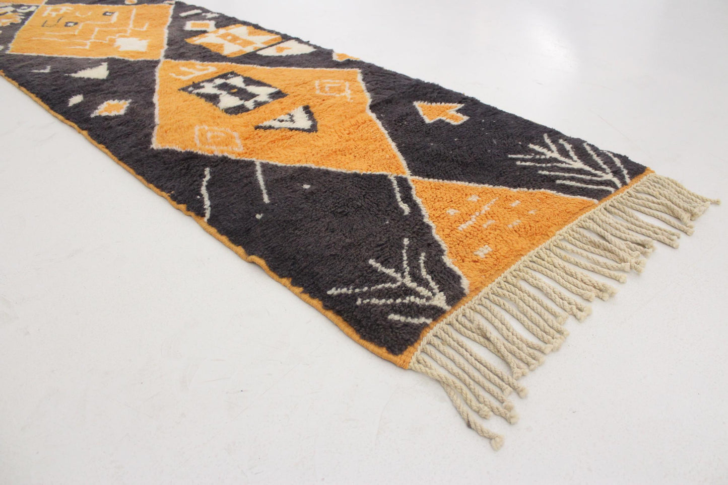 Contemporary moroccan runner rug - black, orange - Mrirt - 2.4x9.9feet / 74x303cm