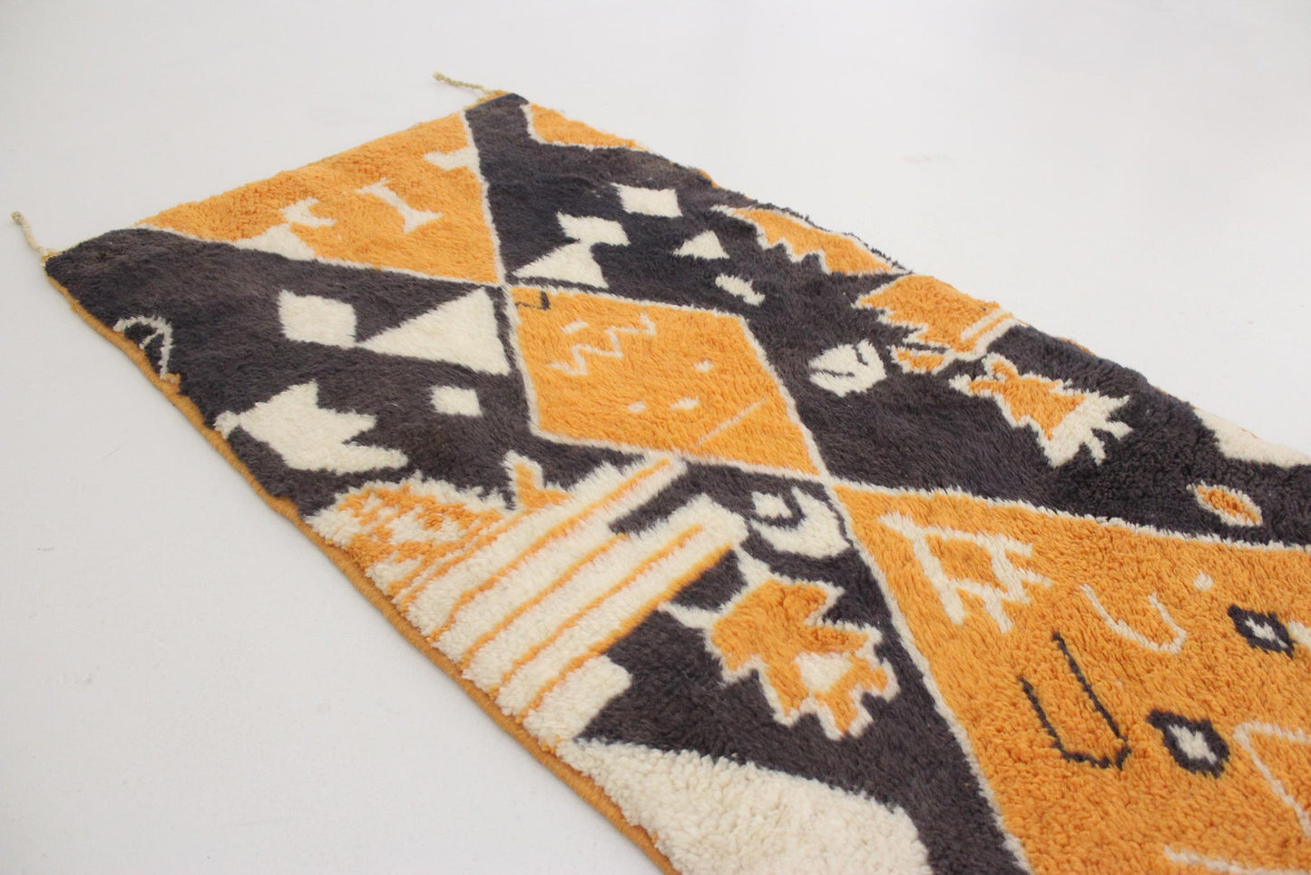 Contemporary moroccan runner rug - black, orange - Mrirt - 2.4x9.9feet / 74x303cm