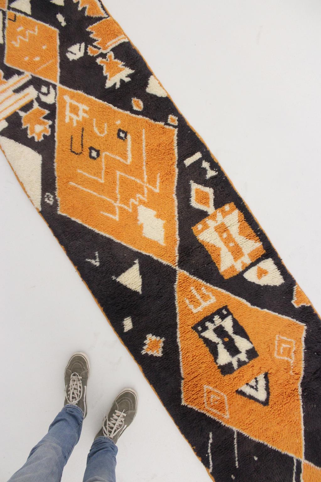 Contemporary moroccan runner rug - black, orange - Mrirt - 2.4x9.9feet / 74x303cm