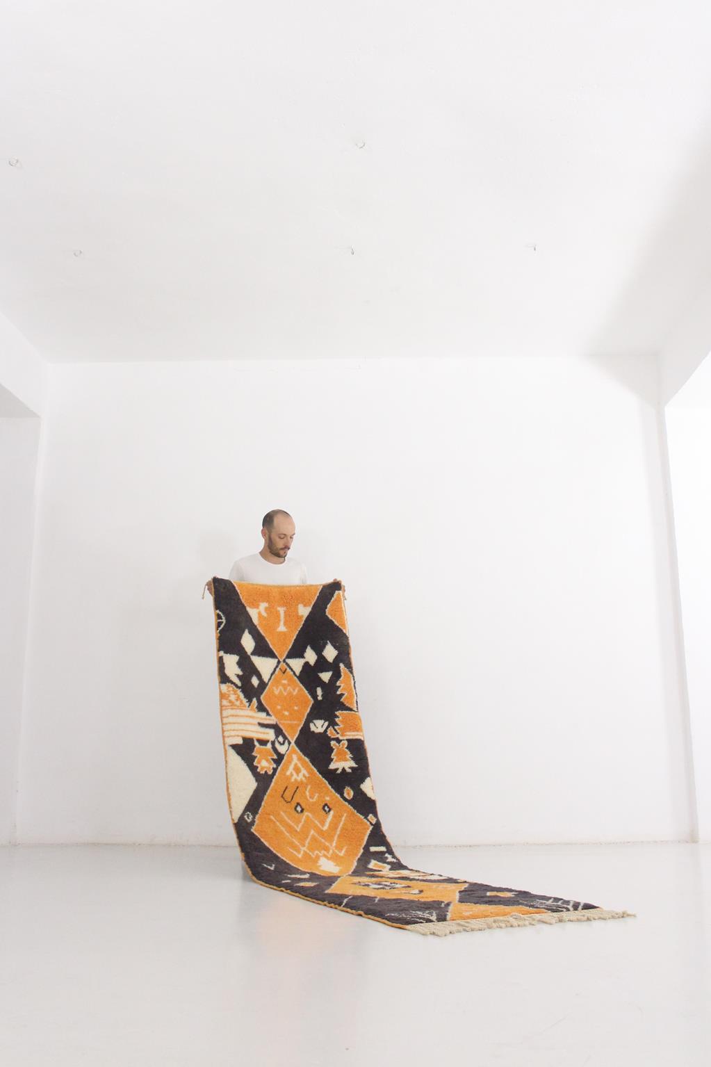 Contemporary moroccan runner rug - black, orange - Mrirt - 2.4x9.9feet / 74x303cm