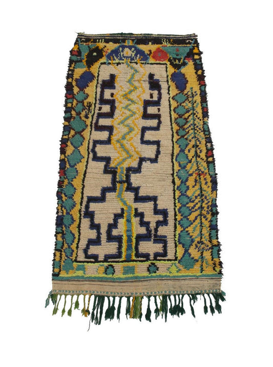 Vintage moroccan rug - beige, bkue, green - Azilal - 3.3x6.4feet / 100x197cm