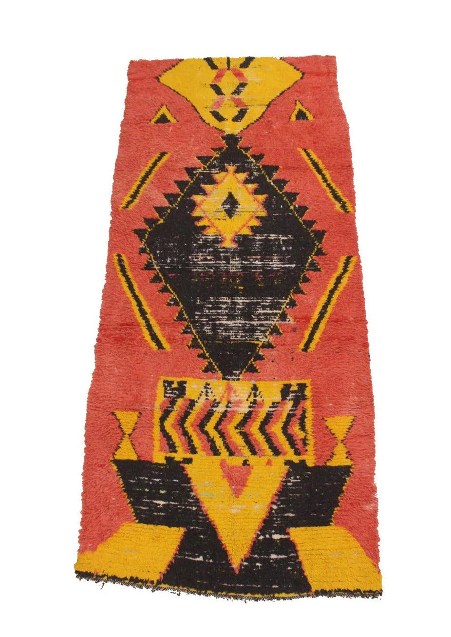 Vintage moroccan runner rug - orange, yellow, black - Boucherouite - 3.6x8.8feet / 110x268cm