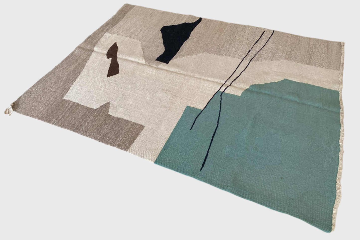 New area moroccan rug - beige, brown, black, green - Kilim - 6x8.3feet / 185x244cm