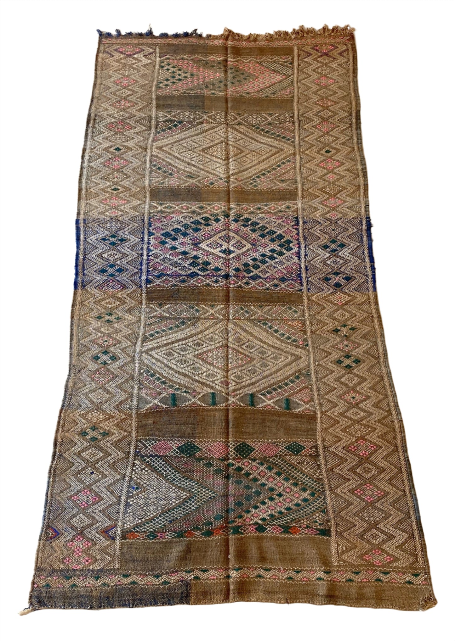 Vintage moroccan rug - brown, pink, blue - Kilim - 4.6x10feet / 140x305cm