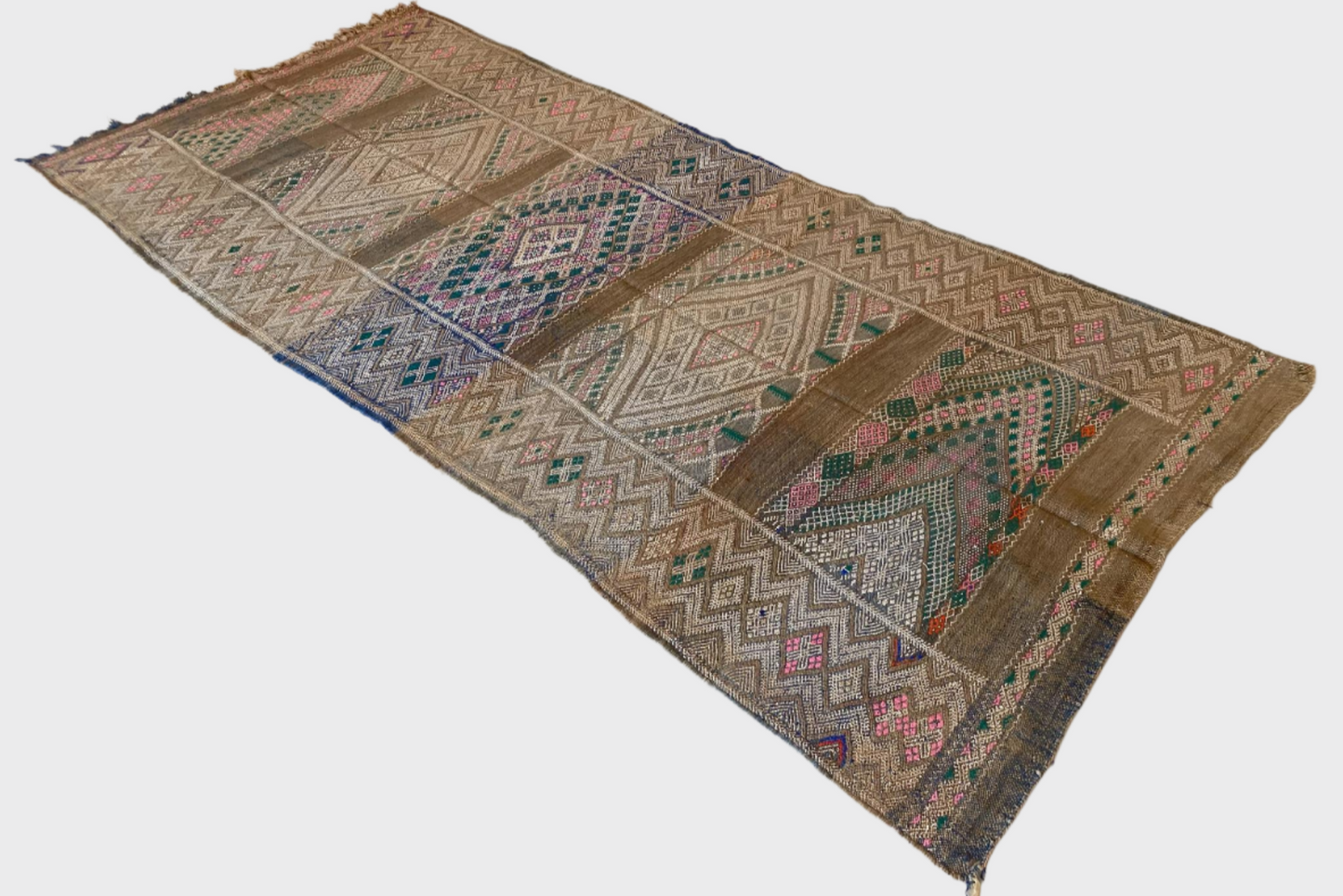 Vintage moroccan rug - brown, pink, blue - Kilim - 4.6x10feet / 140x305cm