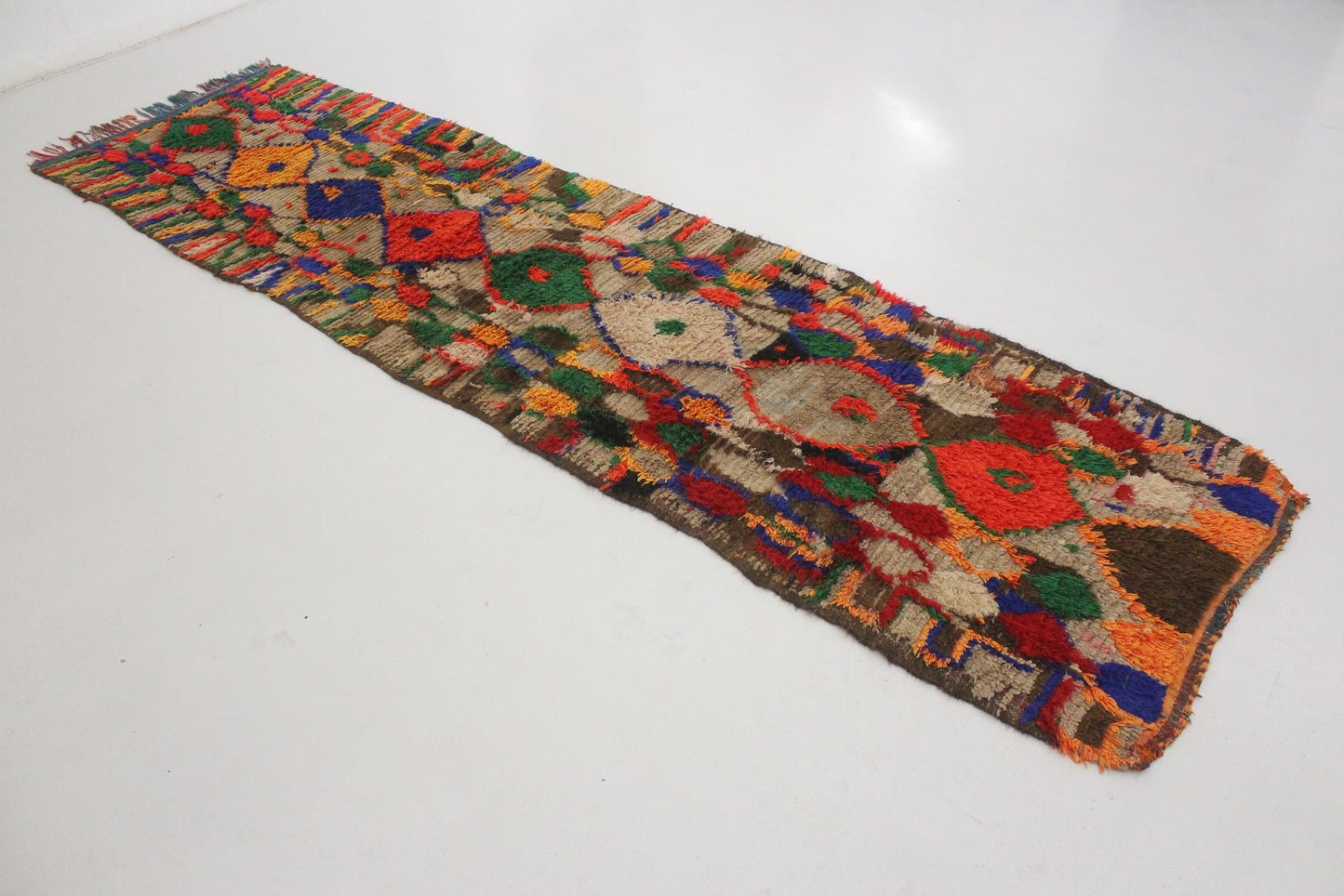 Vintage moroccan runner rug - brown, red, blue, green, yellow - Boujad - 3.6x12.3feet / 109x377cm