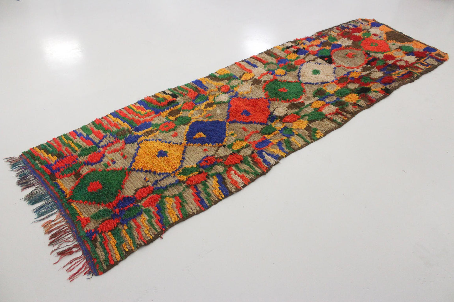 Vintage moroccan runner rug - brown, red, blue, green, yellow - Boujad - 3.6x12.3feet / 109x377cm
