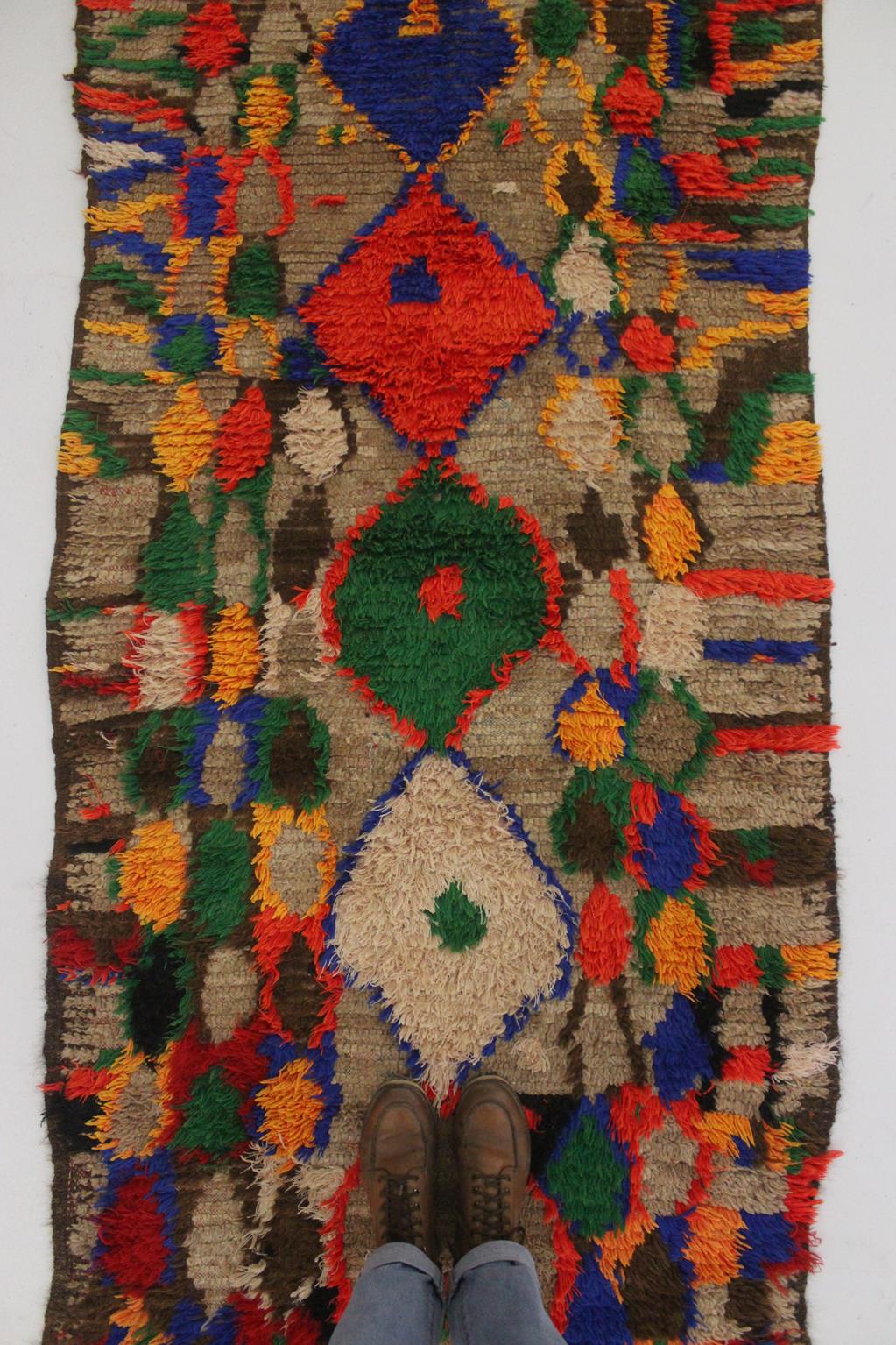 Vintage moroccan runner rug - brown, red, blue, green, yellow - Boujad - 3.6x12.3feet / 109x377cm