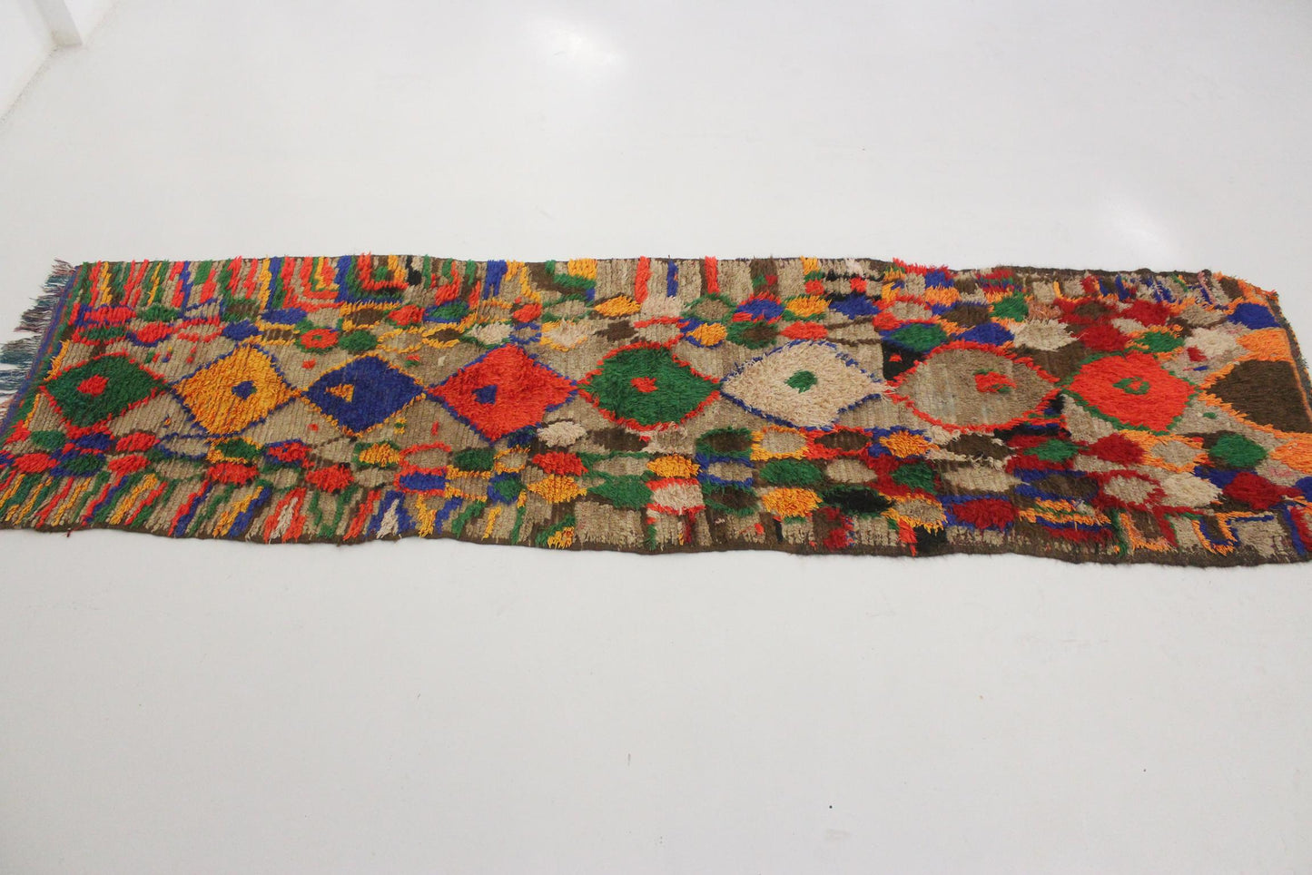 Vintage moroccan runner rug - brown, red, blue, green, yellow - Boujad - 3.6x12.3feet / 109x377cm