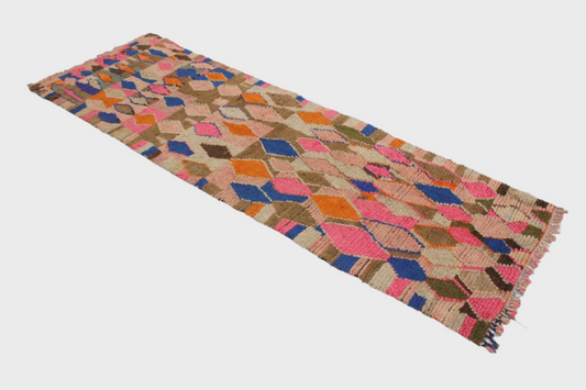 Vintage moroccan runner rug - pink, blue, brown, orange - Boujad - 3.2x10feet / 97x307cm