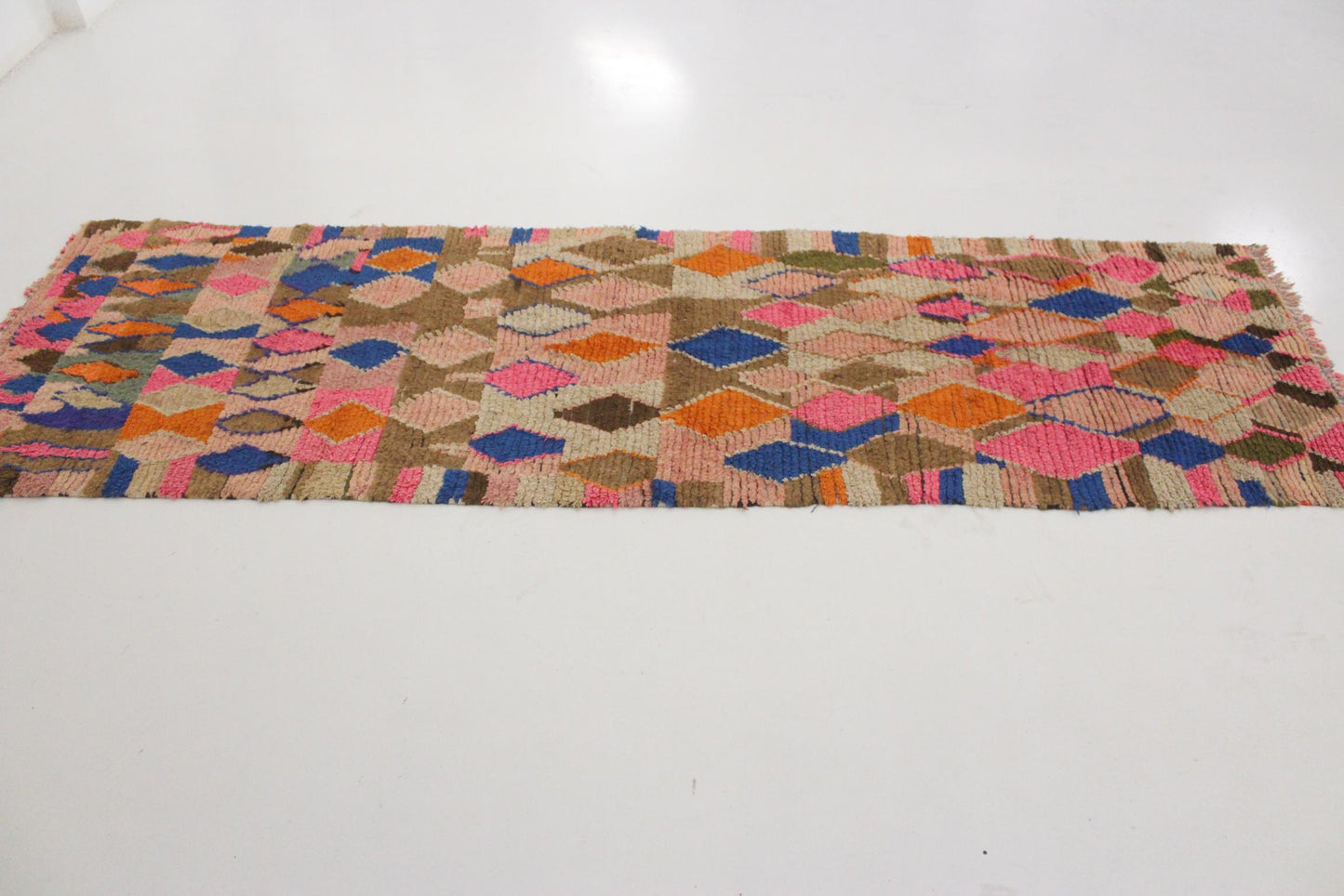 Vintage moroccan runner rug - pink, blue, brown, orange - Boujad - 3.2x10feet / 97x307cm
