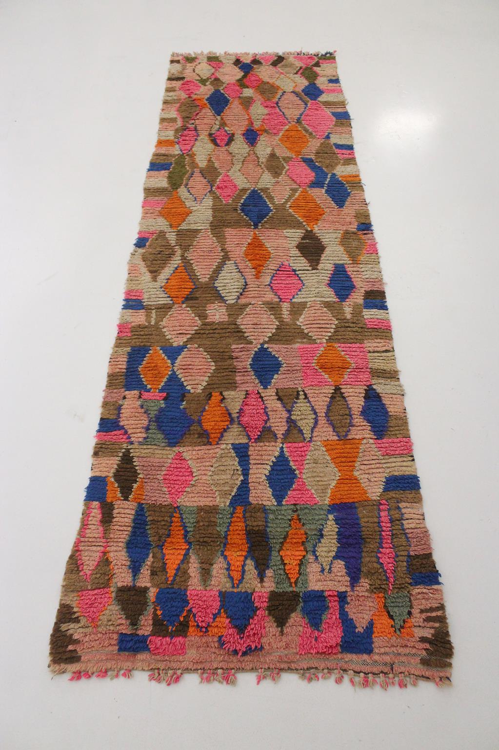 Vintage moroccan runner rug - pink, blue, brown, orange - Boujad - 3.2x10feet / 97x307cm