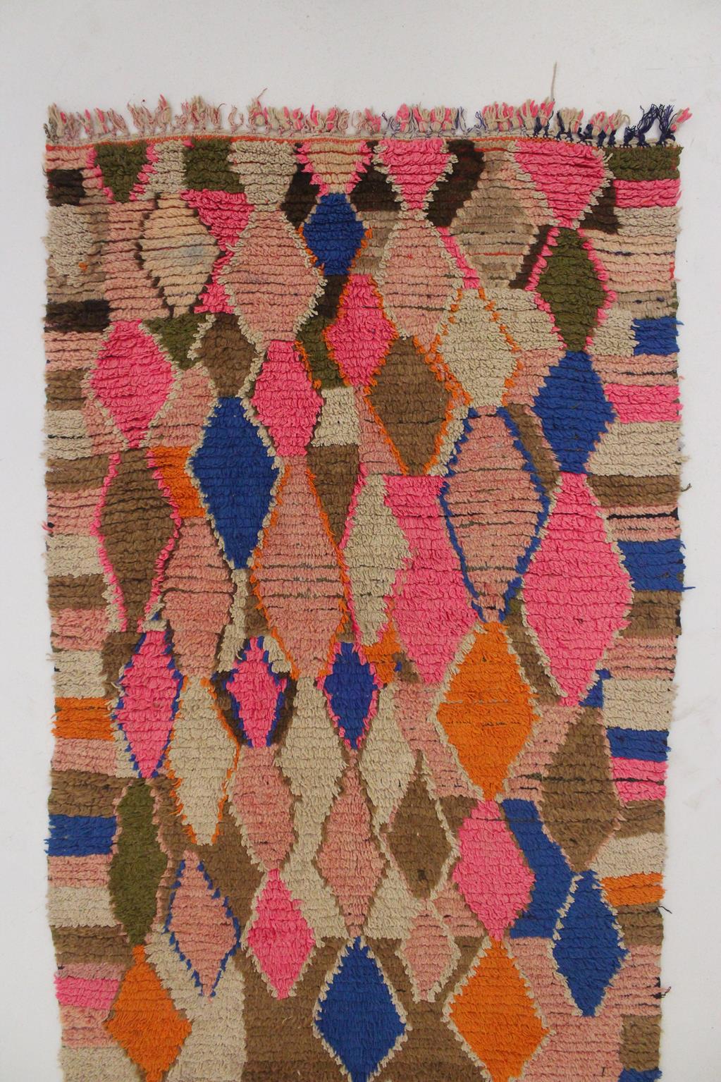 Vintage moroccan runner rug - pink, blue, brown, orange - Boujad - 3.2x10feet / 97x307cm