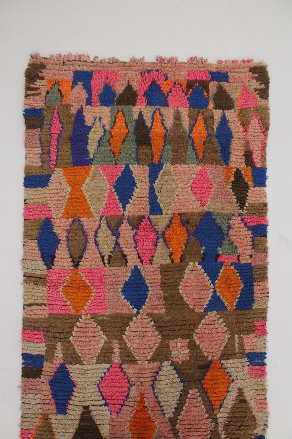 Vintage moroccan runner rug - pink, blue, brown, orange - Boujad - 3.2x10feet / 97x307cm