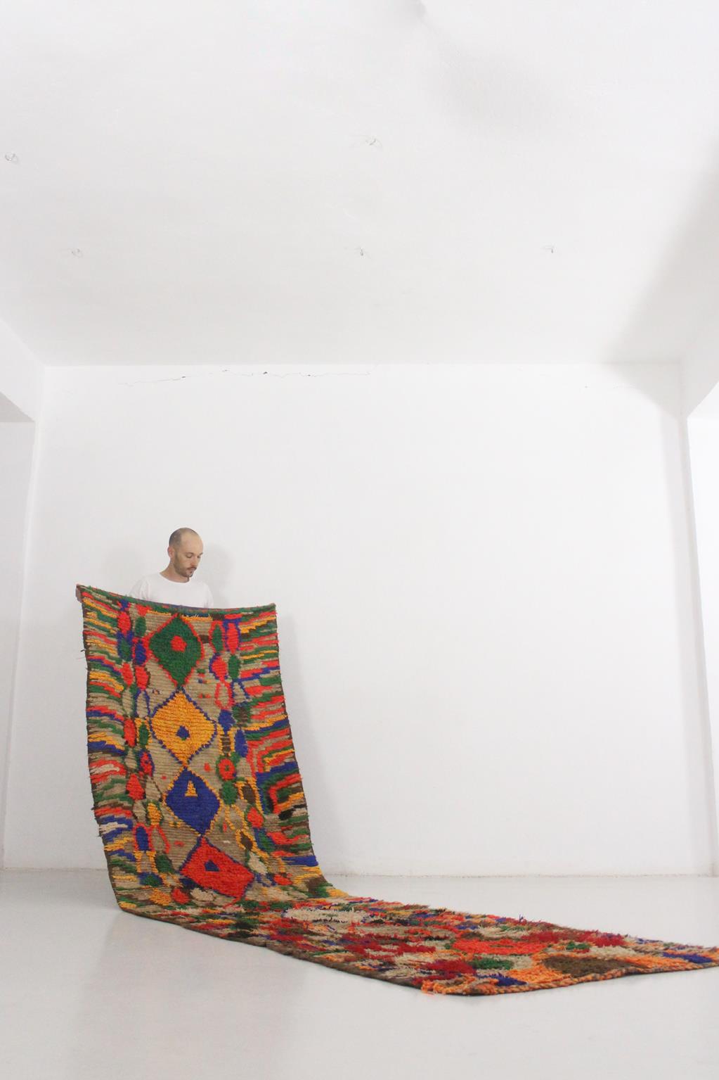 Vintage moroccan runner rug - brown, red, blue, green, yellow - Boujad - 3.6x12.3feet / 109x377cm