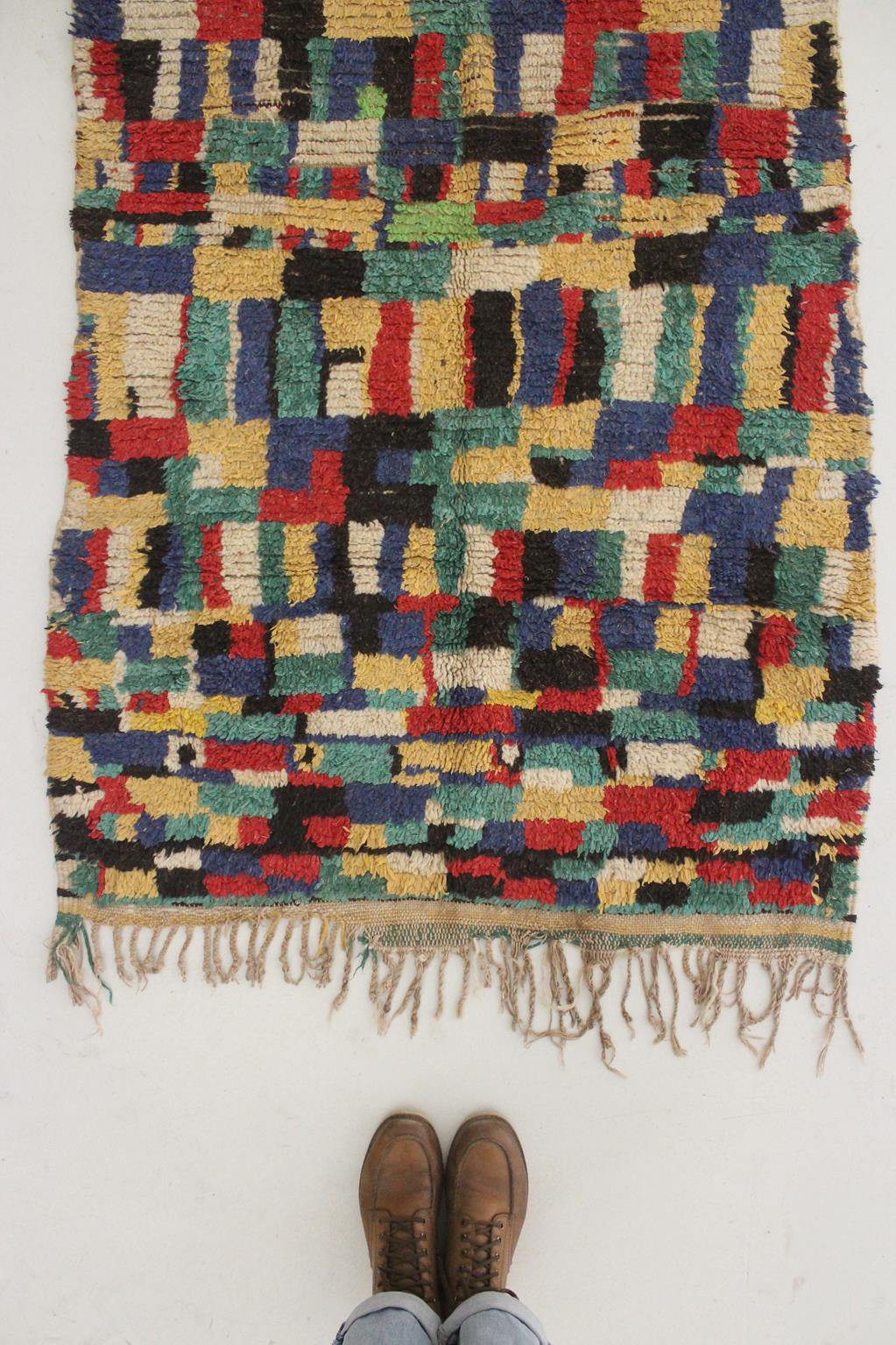 Vintage moroccan rug - blue, green, red, yellow - Azilal - 3.3x6.8feet / 102x208cm