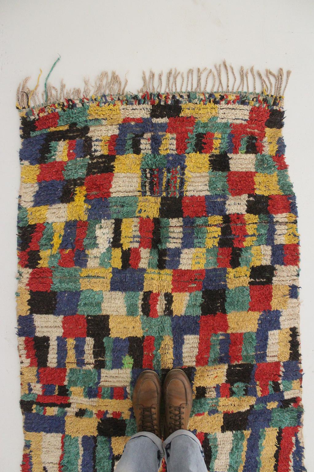 Vintage moroccan rug - blue, green, red, yellow - Azilal - 3.3x6.8feet / 102x208cm