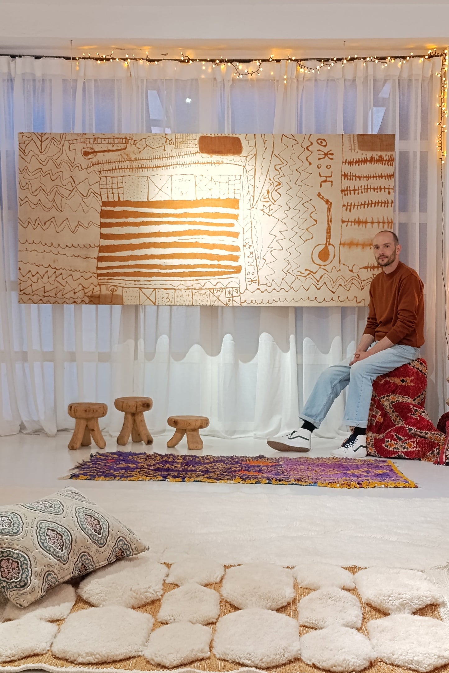 Unique vintage amazigh artwork - mounted on chassis, henna dyed - 3.7x8.2feet / 114x250cm