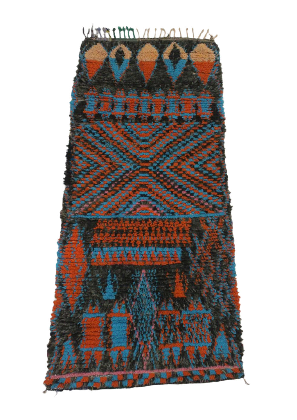 Vintage moroccan runner rug - black, blue, orange - Boucherouite - 2.9x7feet / 90x213cm