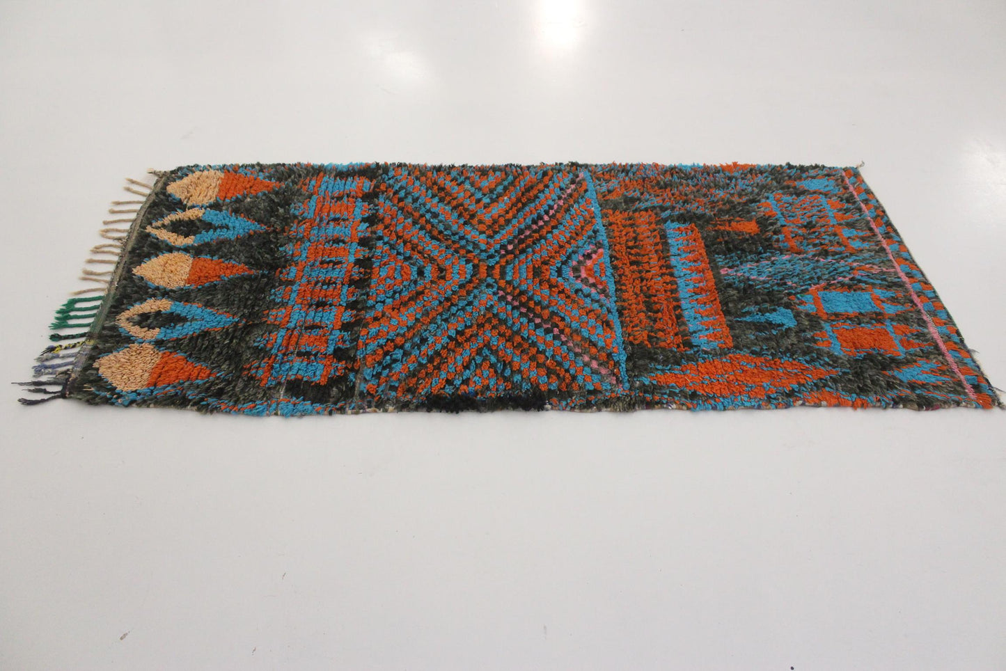 Vintage moroccan runner rug - black, blue, orange - Boucherouite - 2.9x7feet / 90x213cm