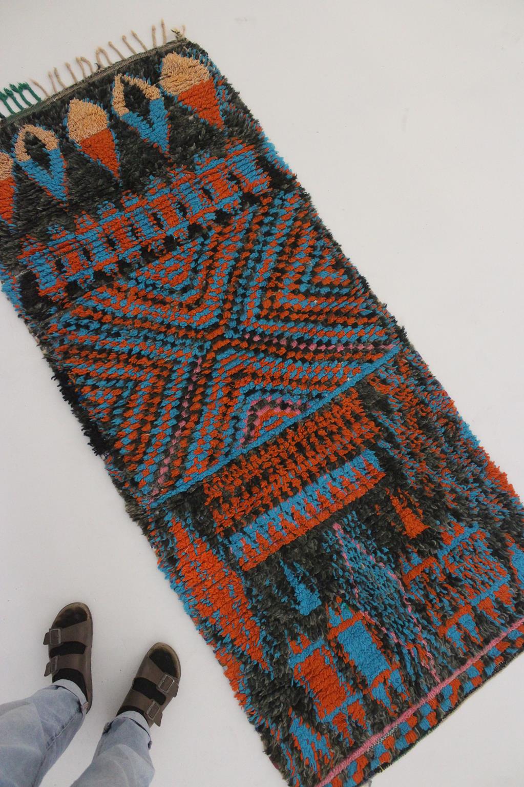 Vintage moroccan runner rug - black, blue, orange - Boucherouite - 2.9x7feet / 90x213cm