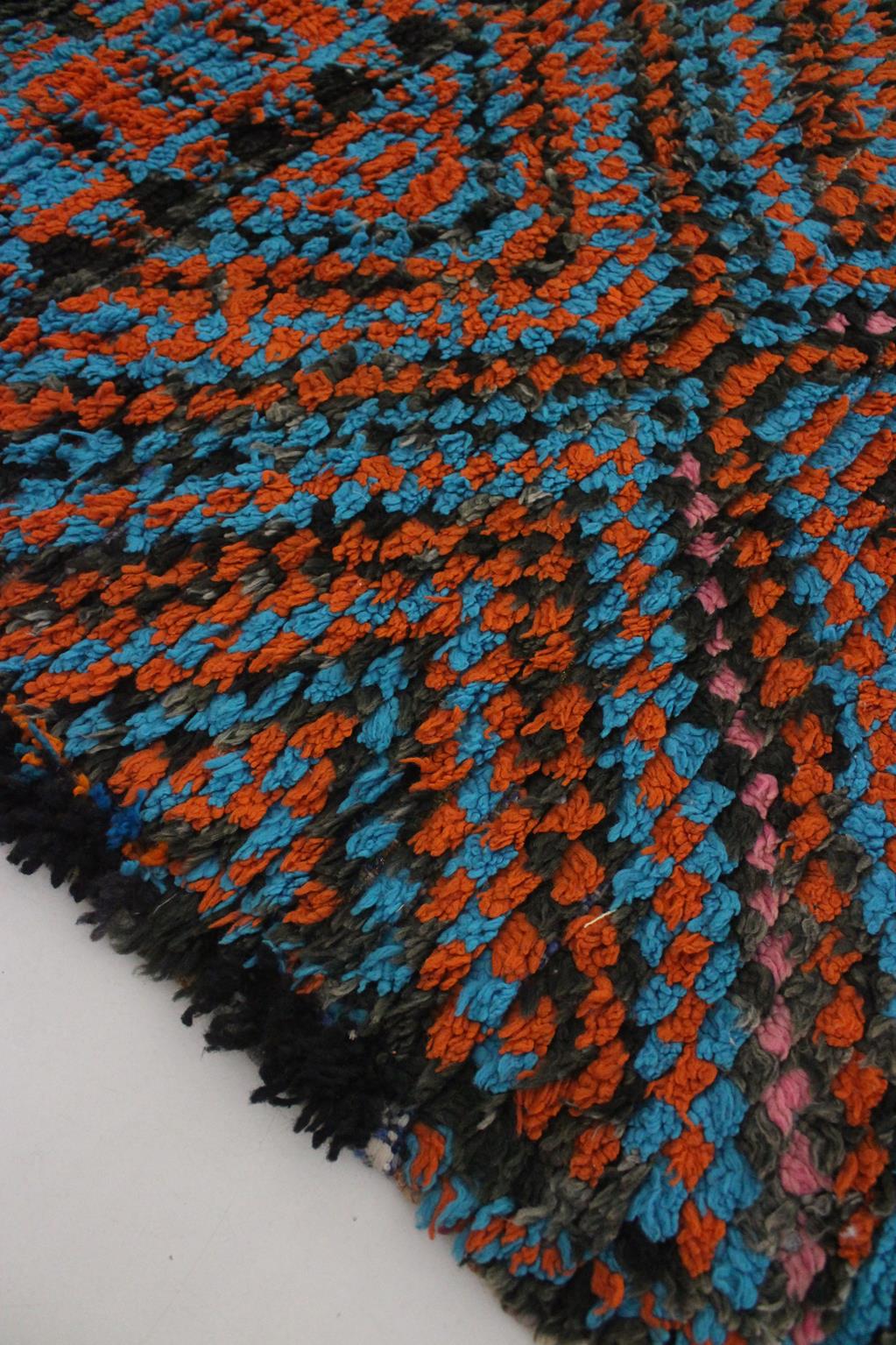 Vintage moroccan runner rug - black, blue, orange - Boucherouite - 2.9x7feet / 90x213cm