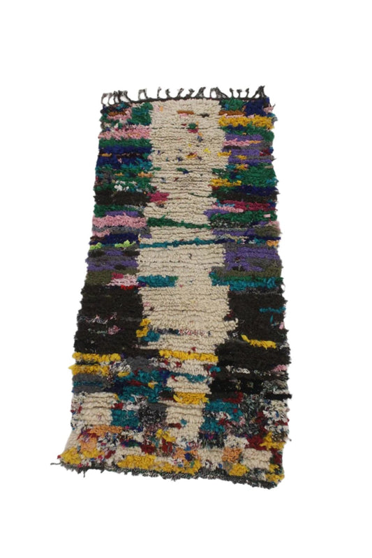 Vintage moroccan rug - beige, green, yellow - Boucherouite - 3.1x6.9feet / 95x210cm