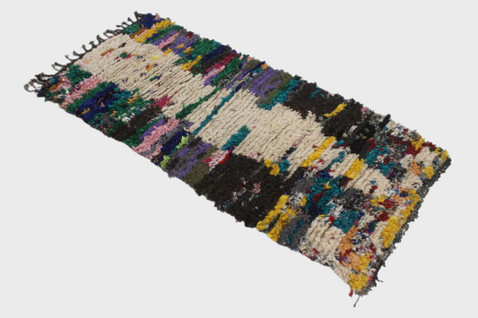 Vintage moroccan rug - beige, green, yellow - Boucherouite - 3.1x6.9feet / 95x210cm