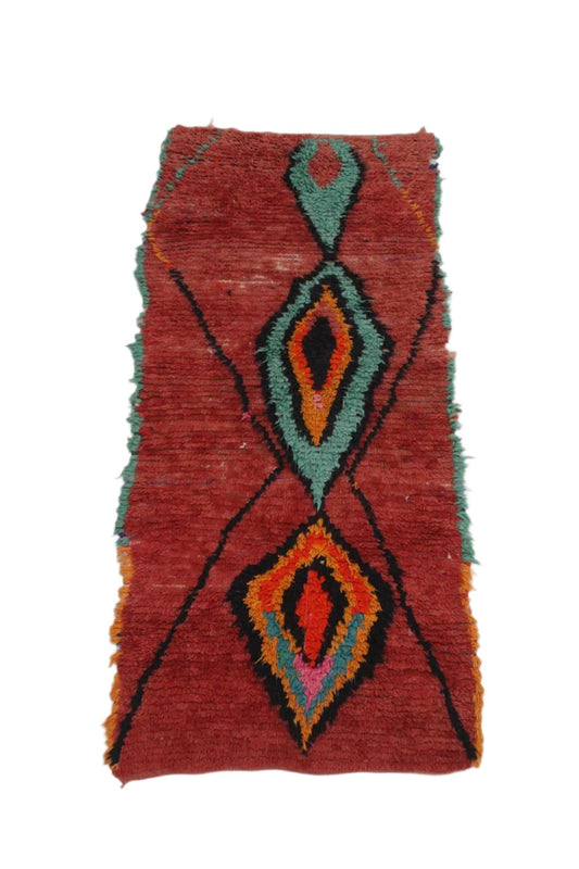 Vintage moroccan rug - red, blue - Boucherouite - 3.4x7.5feet / 105x230cm