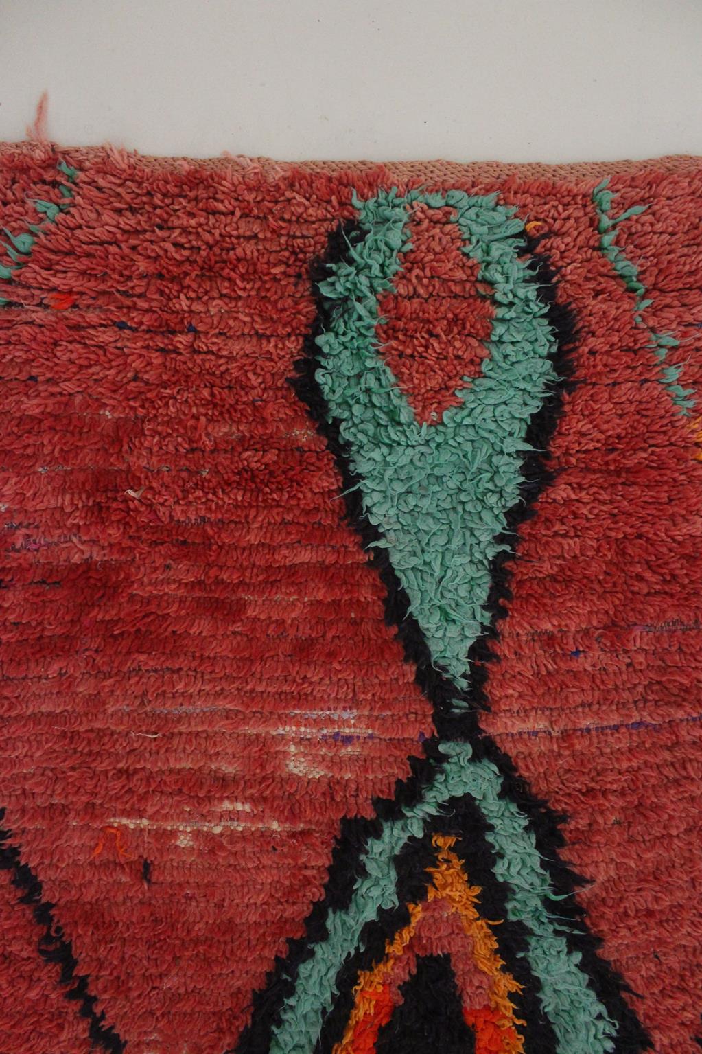 Vintage moroccan rug - red, blue - Boucherouite - 3.4x7.5feet / 105x230cm