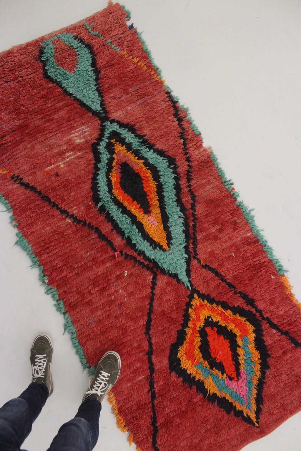 Vintage moroccan rug - red, blue - Boucherouite - 3.4x7.5feet / 105x230cm