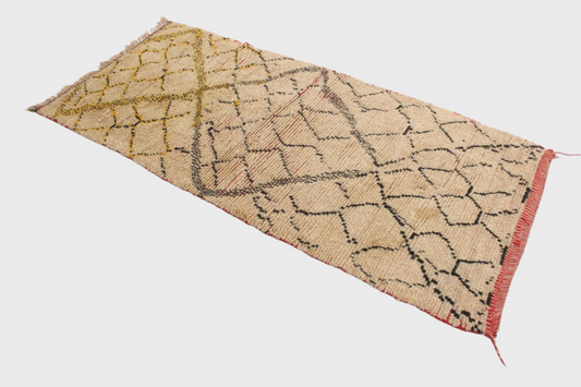 Vintage berber rug - beige, black, yellow - Azilal - 4.2x9feet / 128x275cm
