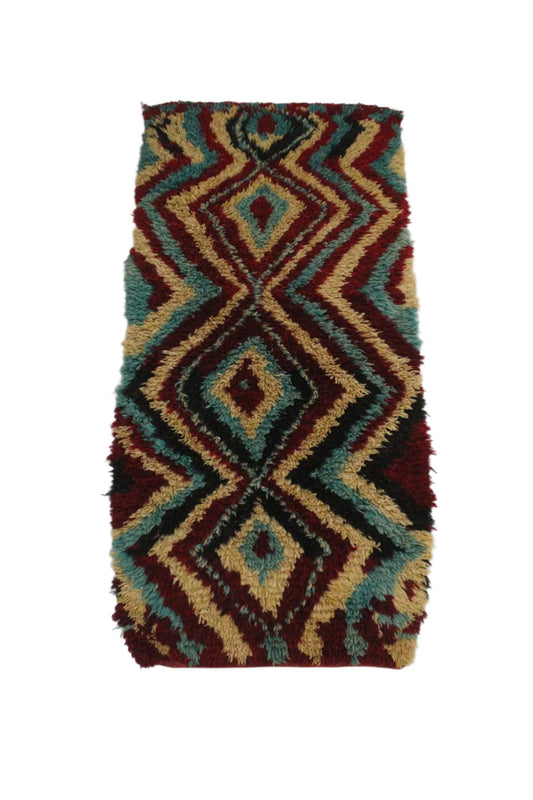 Vintage plush moroccan rug - red, yellow, turquoise - 4.2x8.7feet / 130x265cm