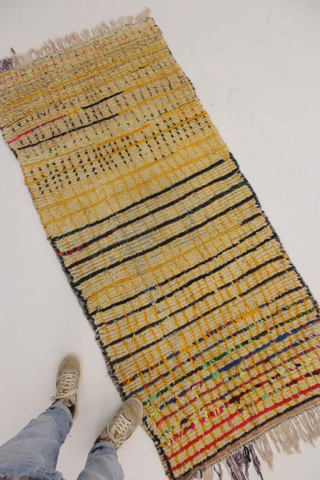 Vintage moroccan runner rug - yellow, beige, black - Azilal - 3.3x7feet / 100x214cm