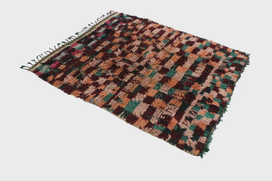 Vintage moroccan rug - burgundy, green, pink - Cotton boucherouite - 5.2x6feet / 158x182cm