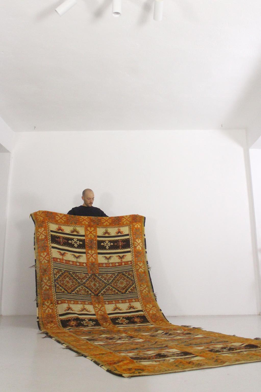 Vintage traditional moroccan rug - honey, blue - Glaoui - 160x400cm / 5.2x13.1feet