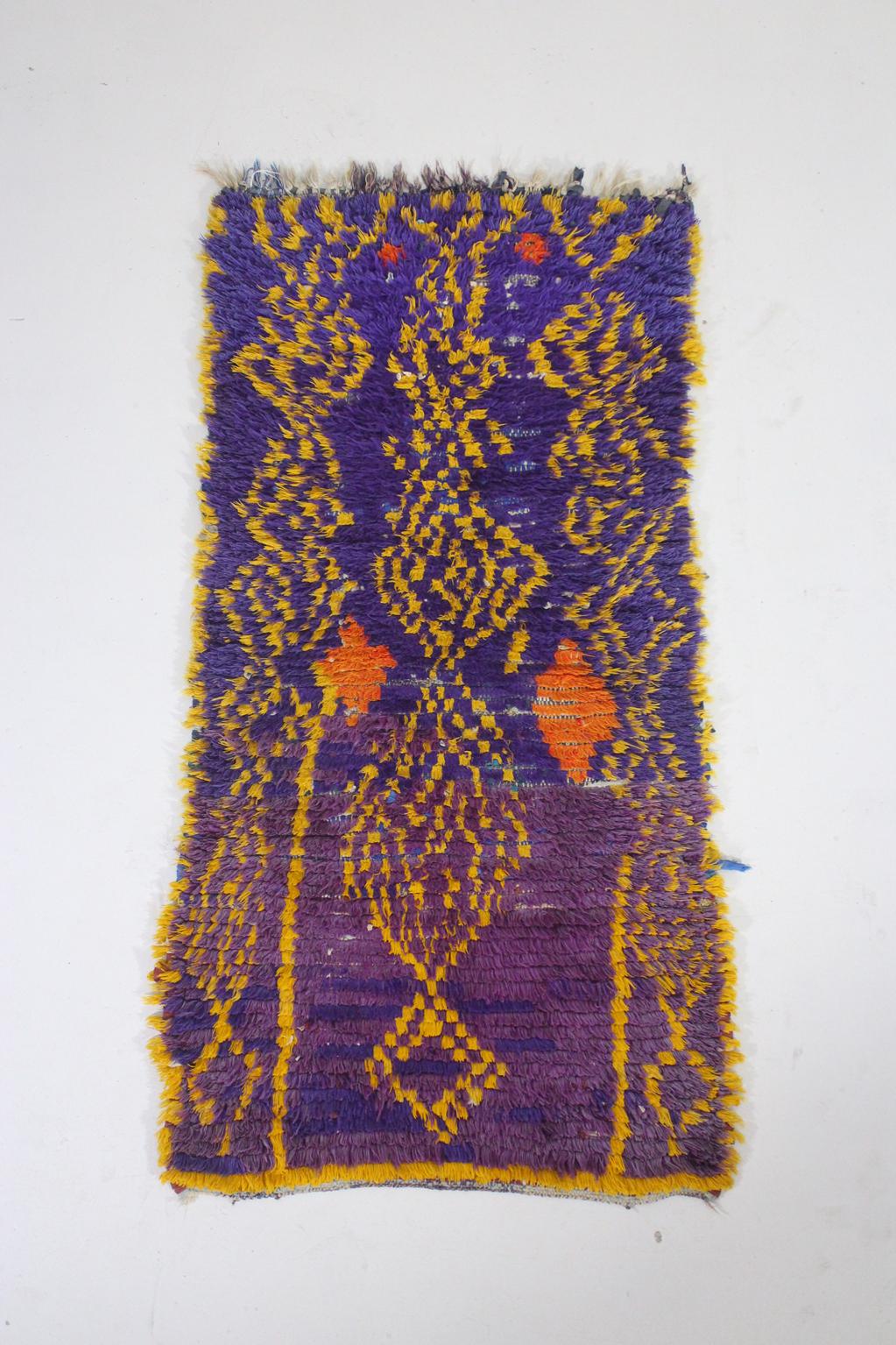 Vintage moroccan rug - purple, yellow - Cotton boucherouite - 3x5.7feet / 93x175cm