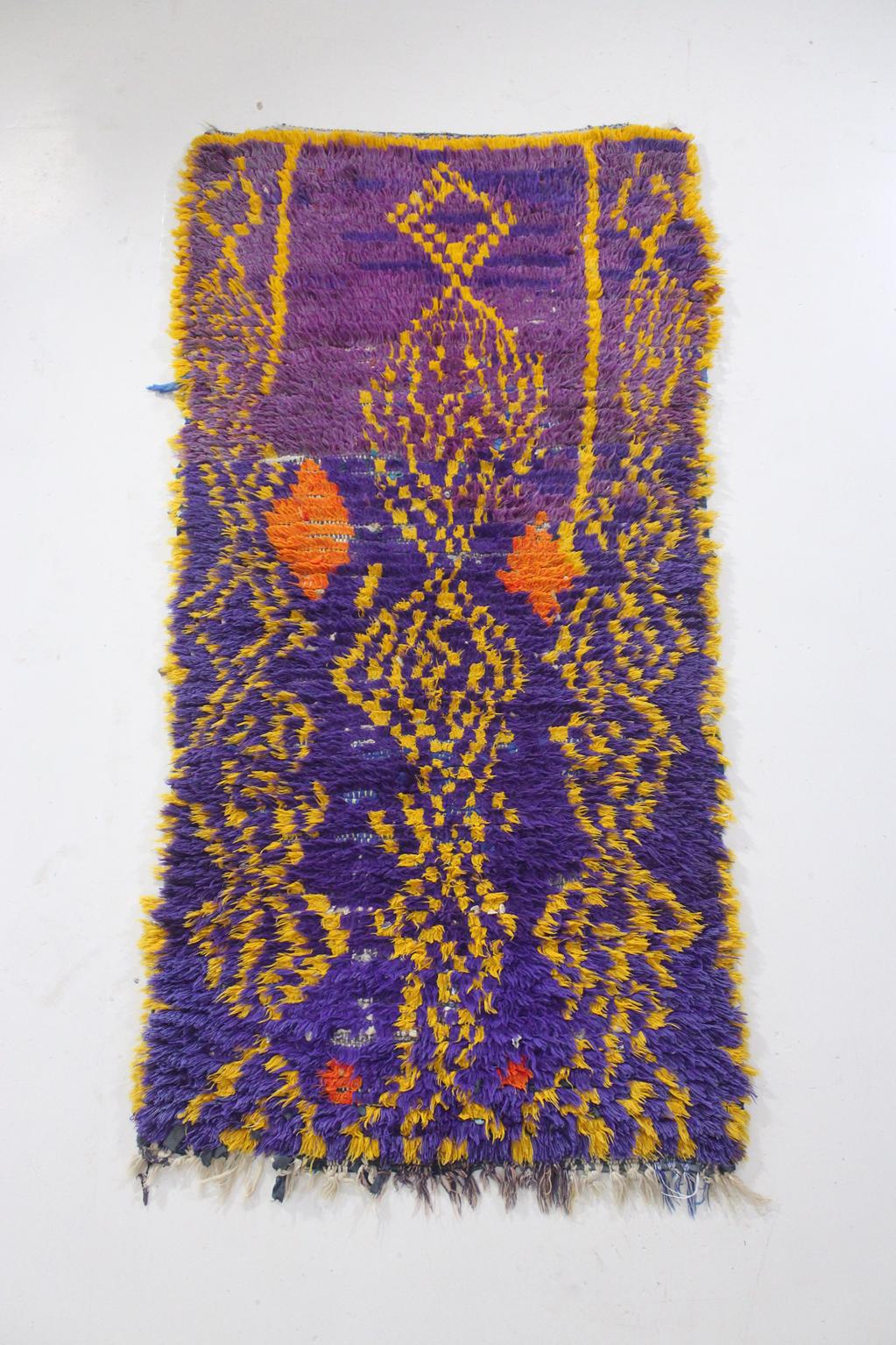 Vintage moroccan rug - purple, yellow - Cotton boucherouite - 3x5.7feet / 93x175cm