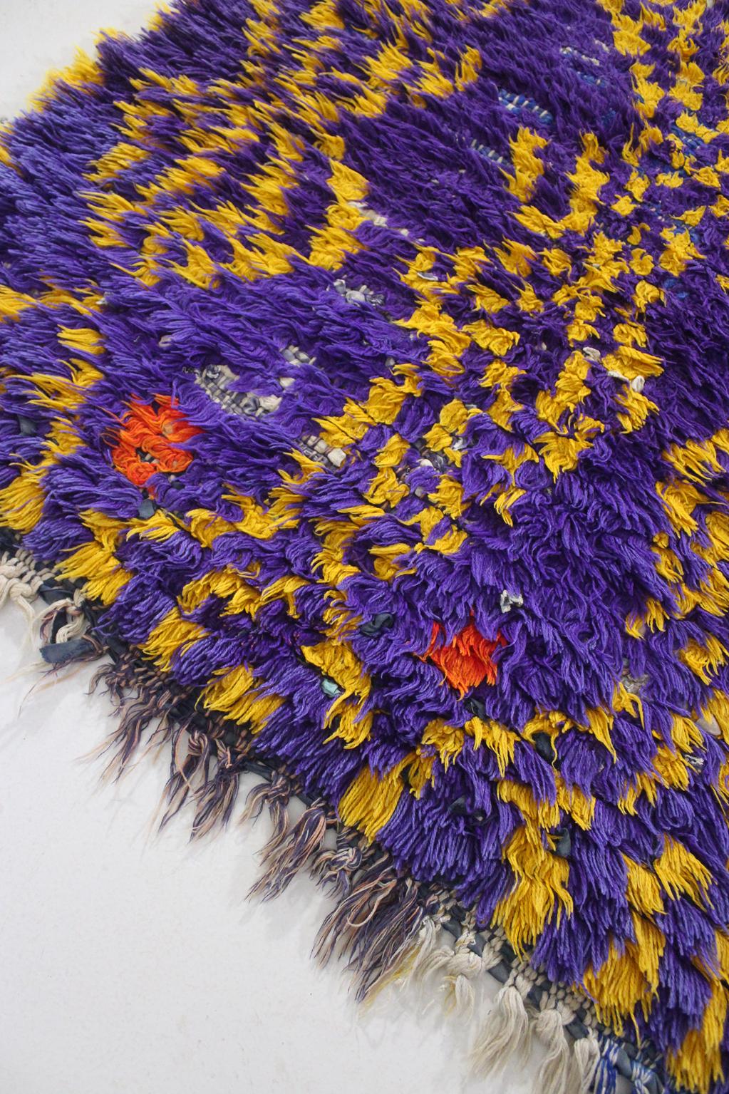 Vintage moroccan rug - purple, yellow - Cotton boucherouite - 3x5.7feet / 93x175cm