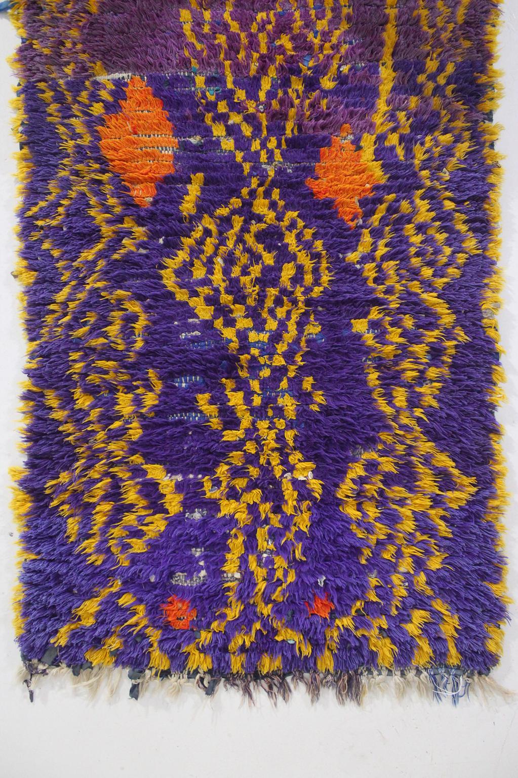 Vintage moroccan rug - purple, yellow - Cotton boucherouite - 3x5.7feet / 93x175cm