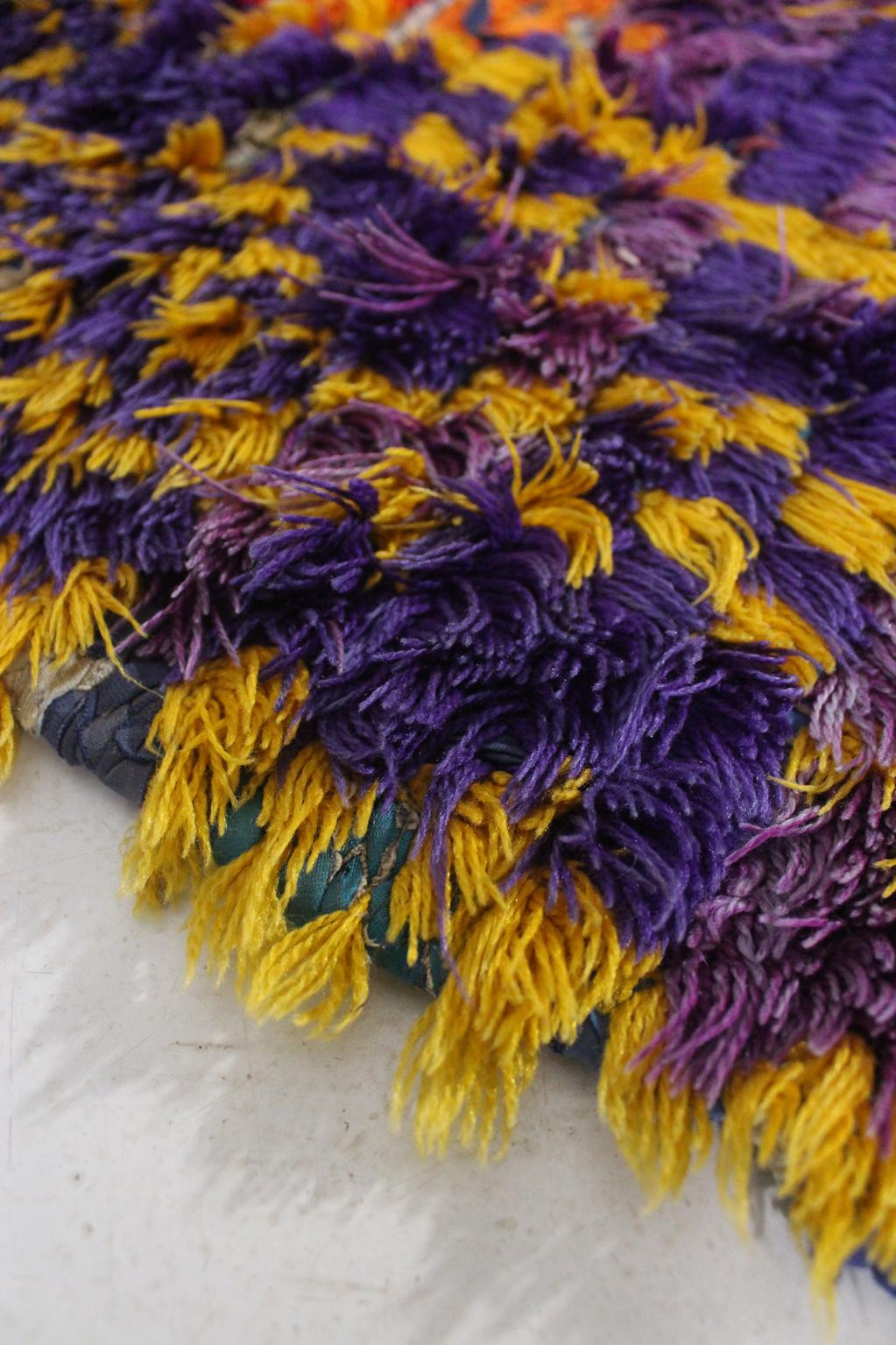 Vintage moroccan rug - purple, yellow - Cotton boucherouite - 3x5.7feet / 93x175cm
