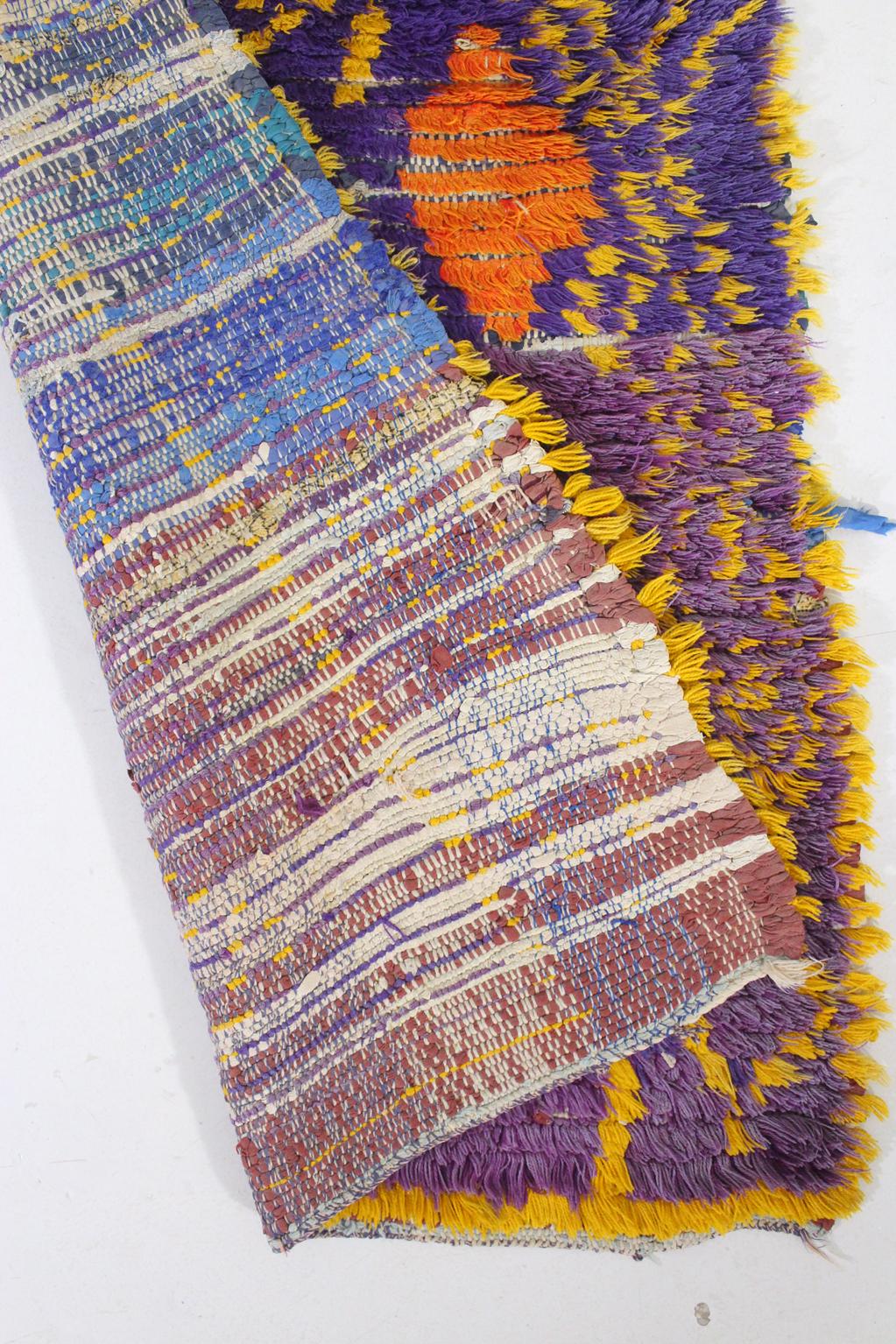 Vintage moroccan rug - purple, yellow - Cotton boucherouite - 3x5.7feet / 93x175cm