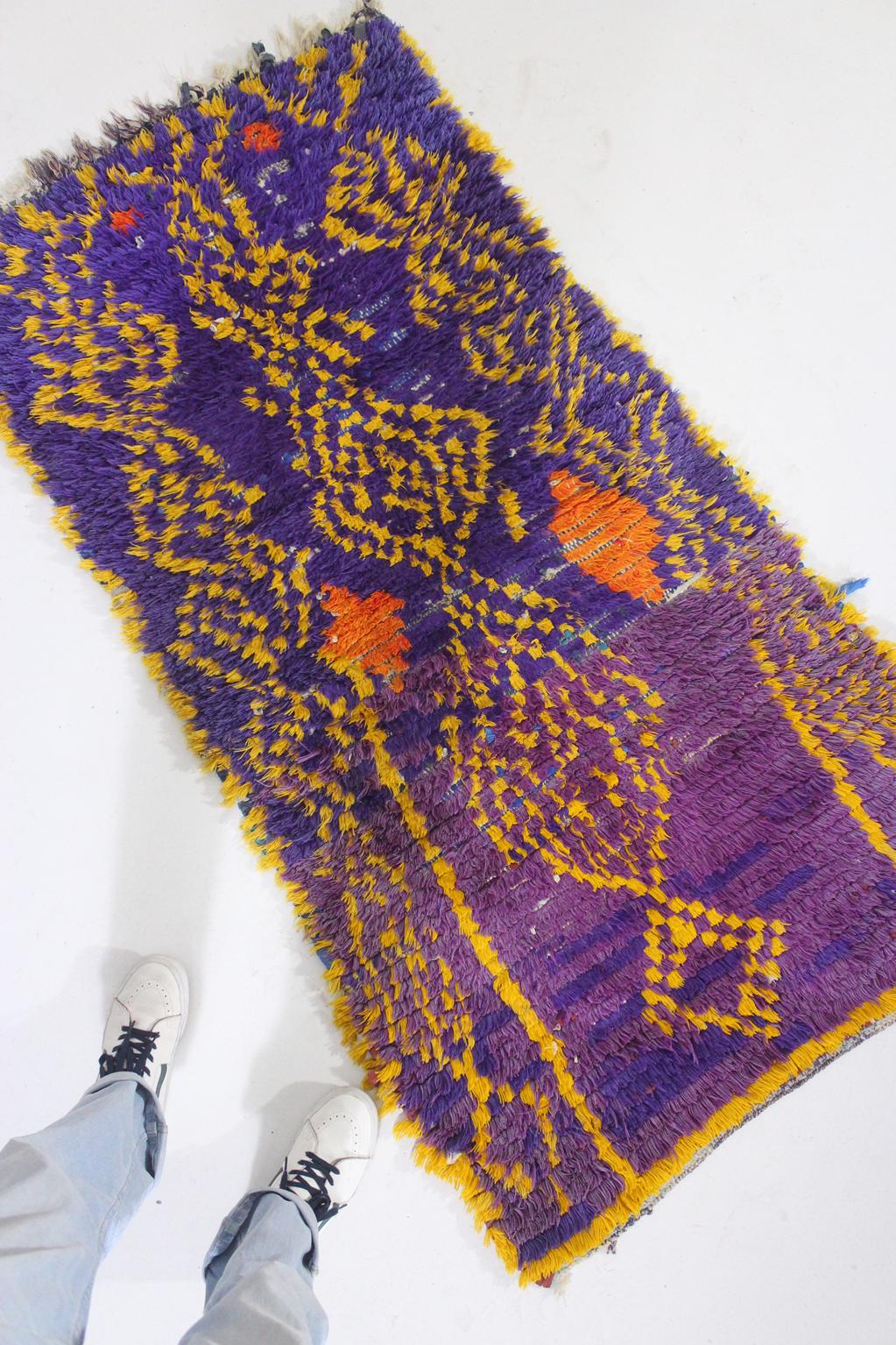 Vintage moroccan rug - purple, yellow - Cotton boucherouite - 3x5.7feet / 93x175cm