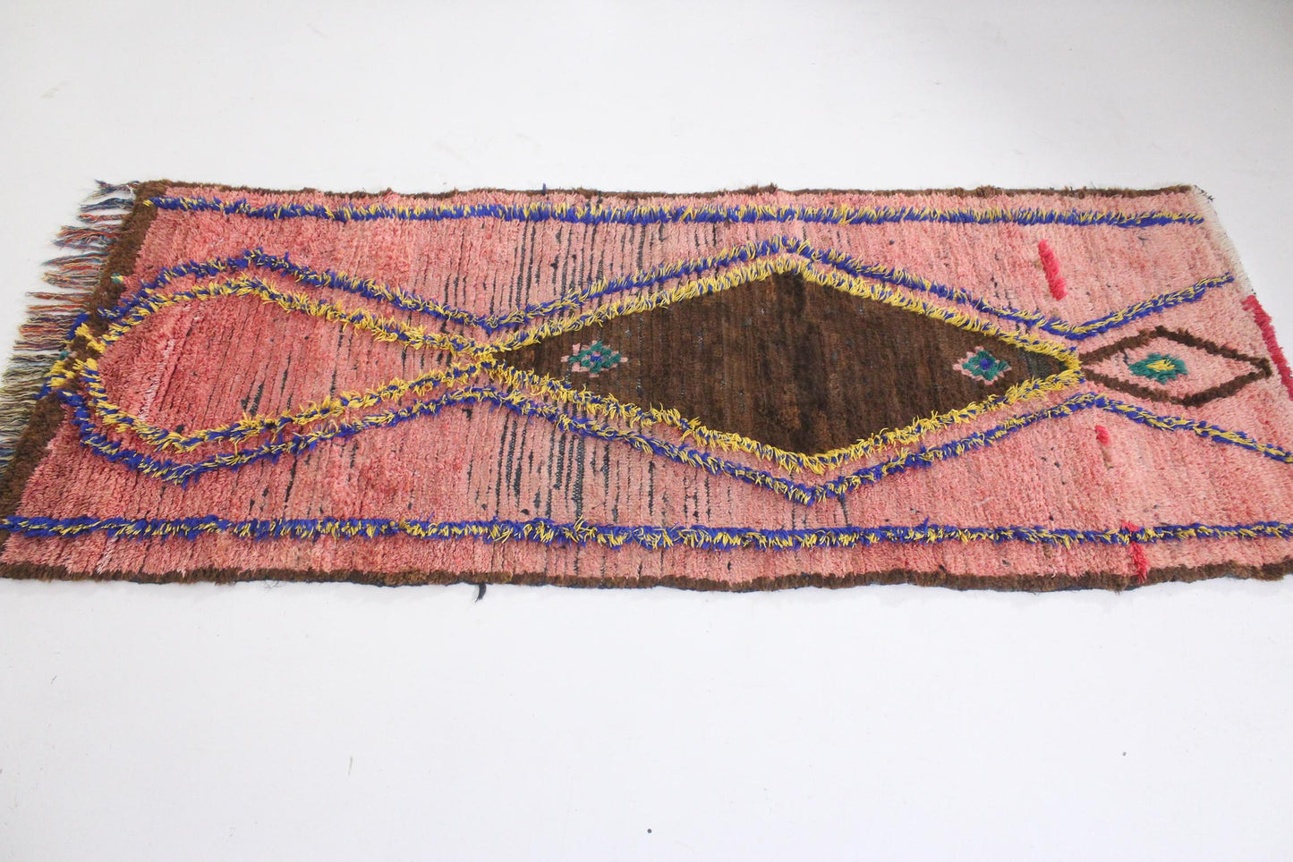 Vintage moroccan runner rug - pink, brown, blue - Boujad - 3.1x7.7ft / 95x235cm