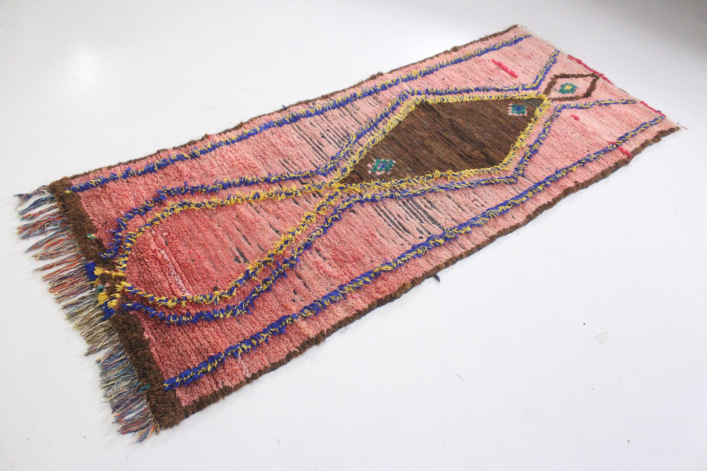 Vintage moroccan runner rug - pink, brown, blue - Boujad - 3.1x7.7ft / 95x235cm