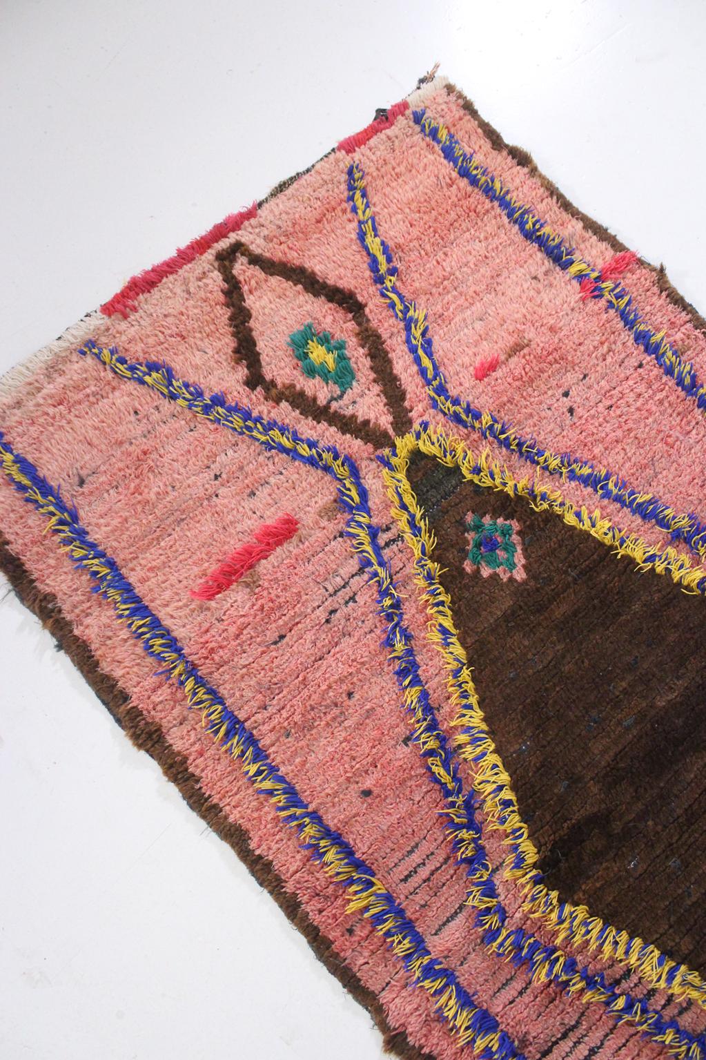 Vintage moroccan runner rug - pink, brown, blue - Boujad - 3.1x7.7ft / 95x235cm