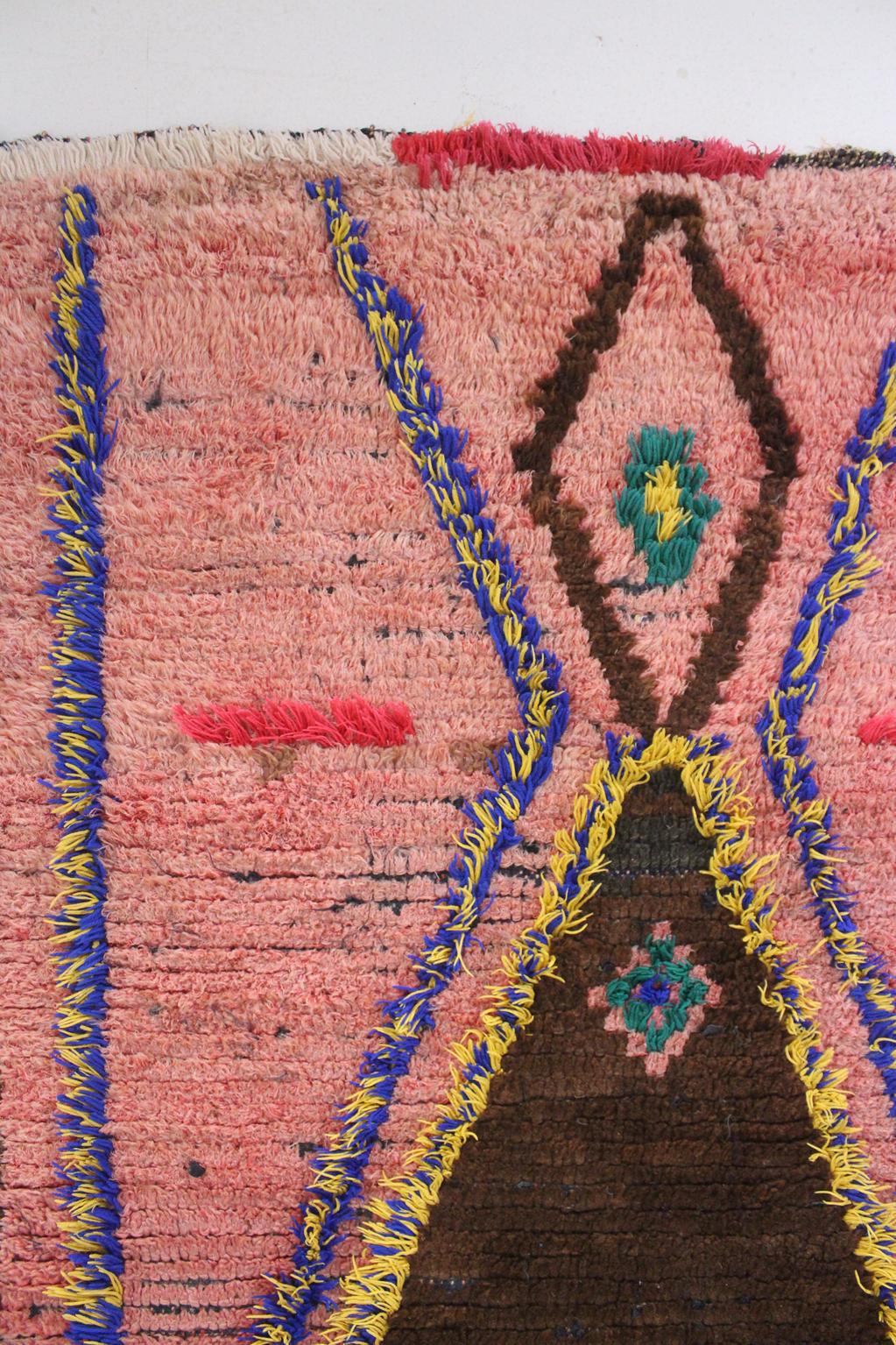 Vintage moroccan runner rug - pink, brown, blue - Boujad - 3.1x7.7ft / 95x235cm