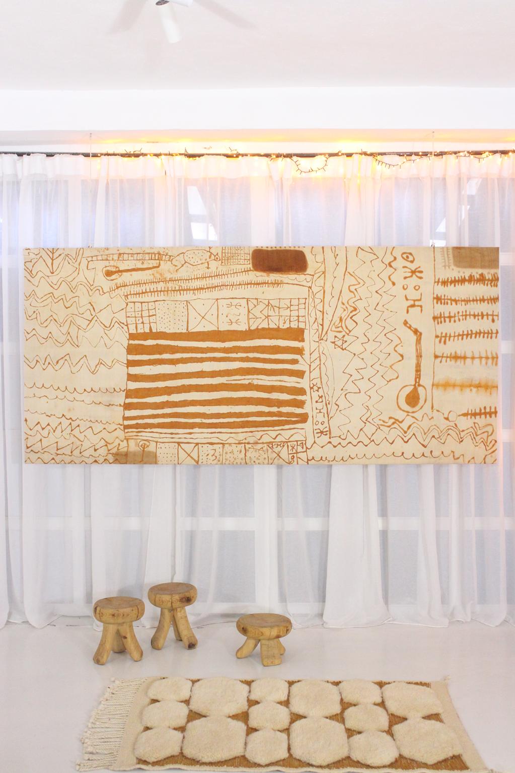 Unique vintage amazigh artwork - mounted on chassis, henna dyed - 3.7x8.2feet / 114x250cm